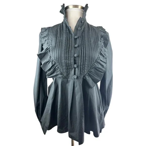 *Flawed* Victorian Choice Black Blouse Steampunk Witchy Goth Button Top Medium - Picture 2 of 16